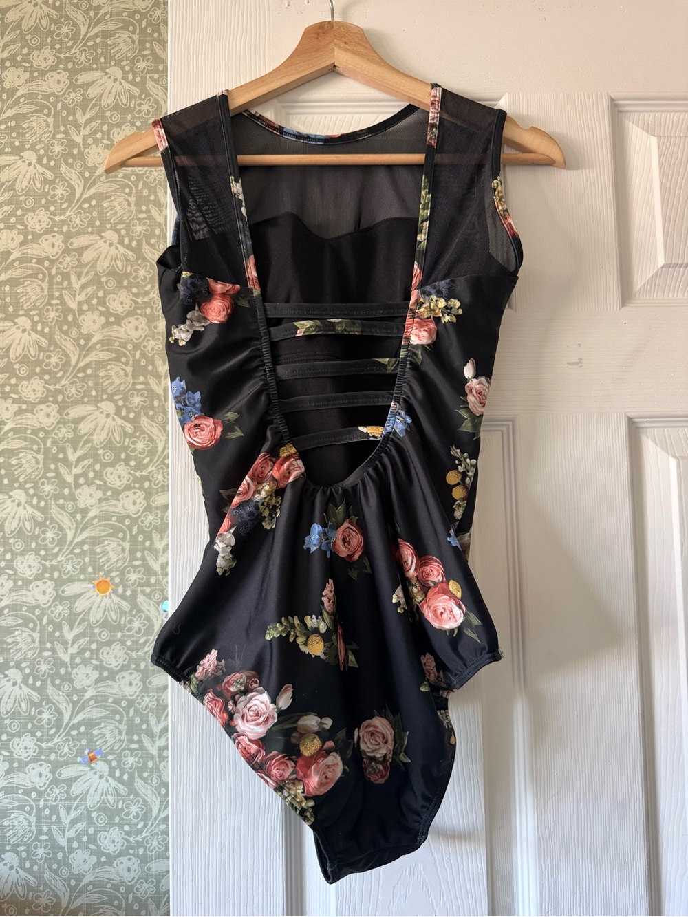 Albion Black Floral Strappy one piece with Pink Rose Accents - Picture 4 of 6